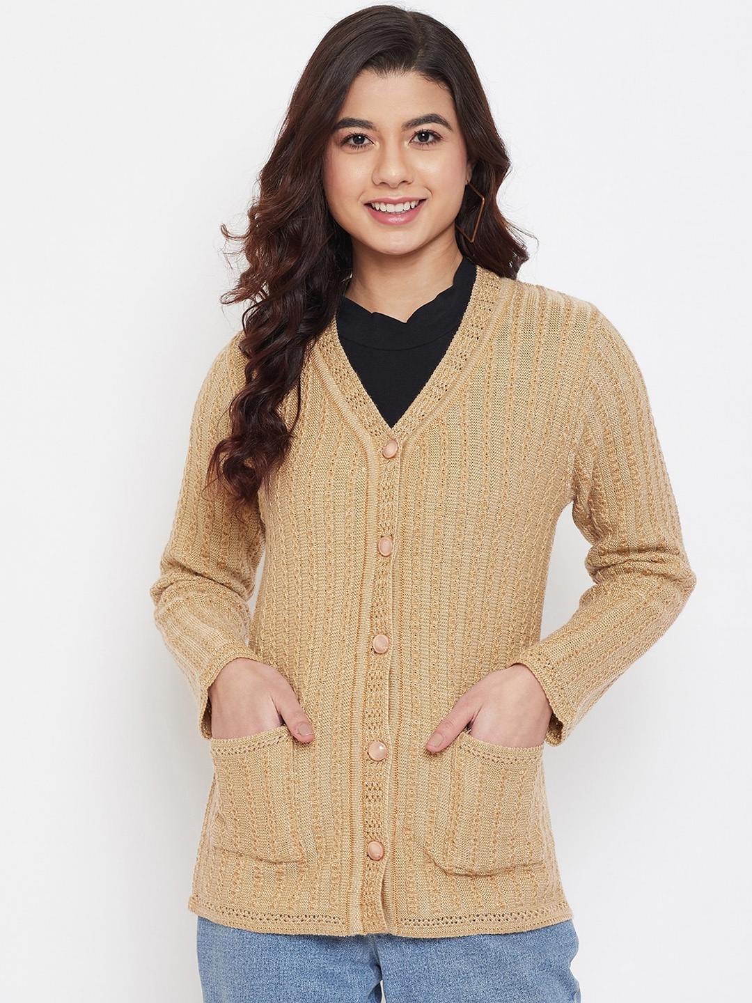 

Zigo Women Beige Self Design Cardigan