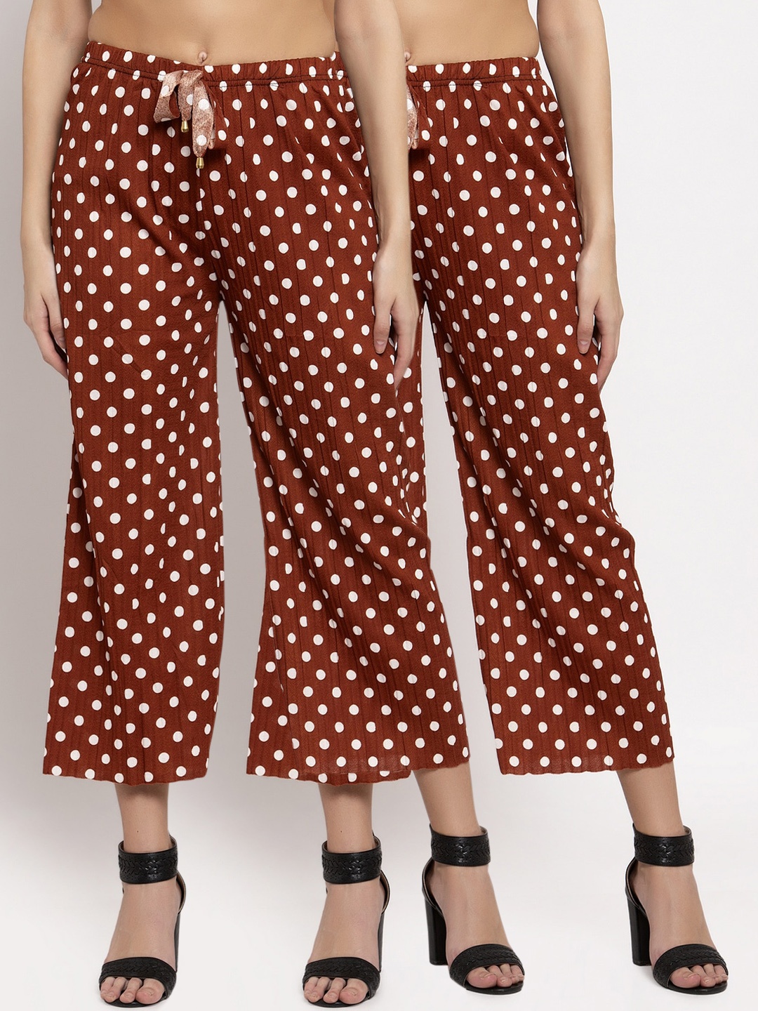 

KLOTTHE Women Pack of 2 Rust Brown & White Printed Wide-Leg Palazzo