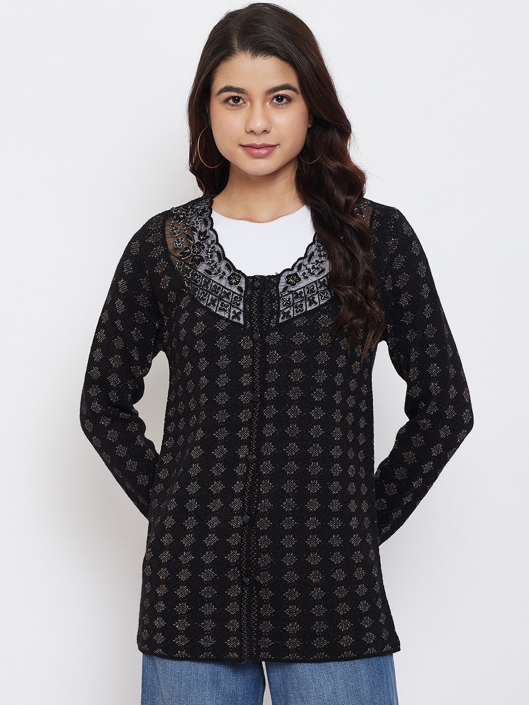 

Zigo Women Black Self Design Cardigan