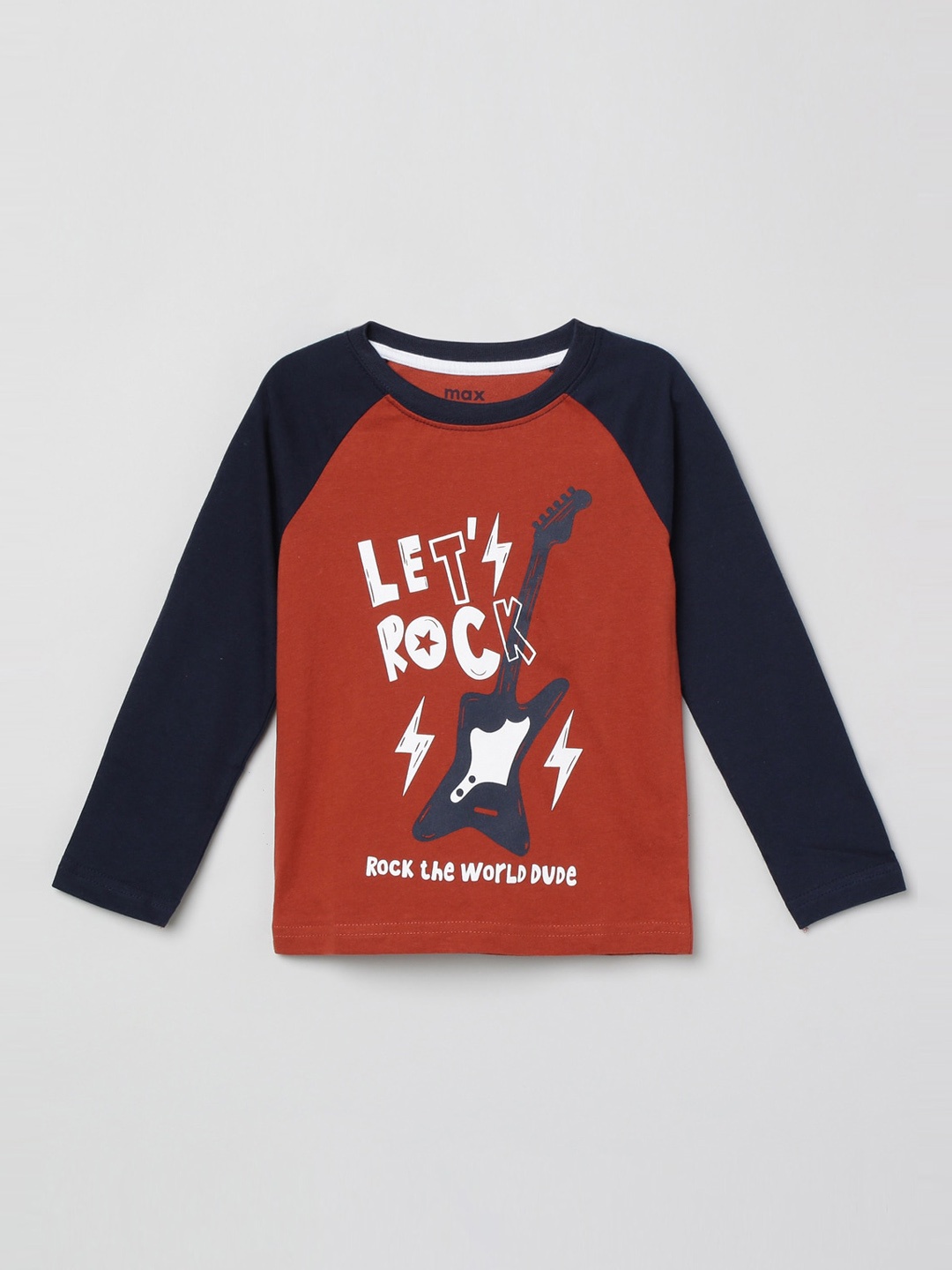 

max Boys Rust Printed Round Neck Cotton T-shirt