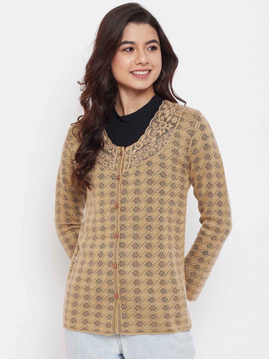 

Zigo Women Beige Self Design Cardigan Sweater