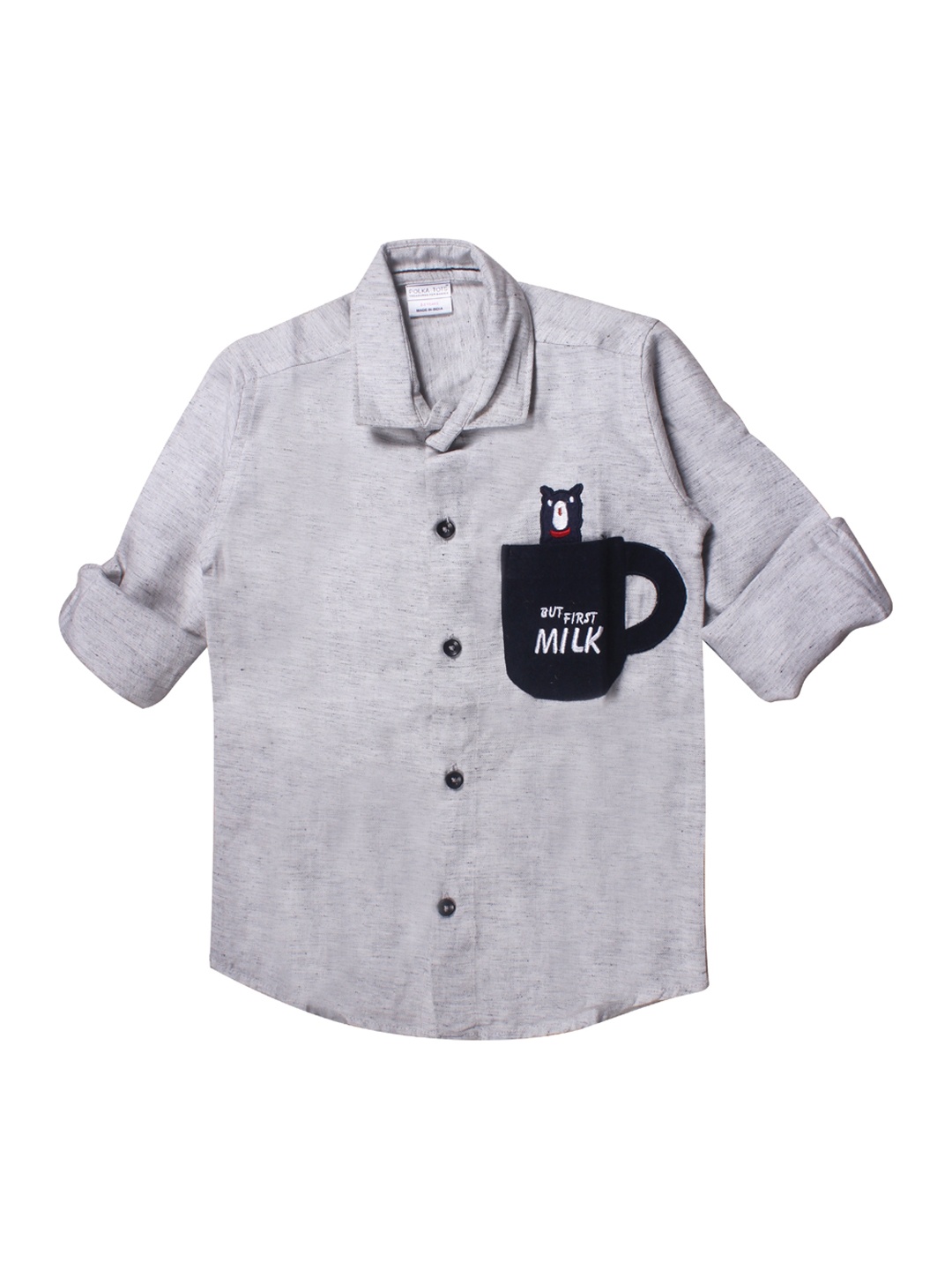 

Polka Tots Boys Grey Regular Fit Solid Cotton Casual Shirt