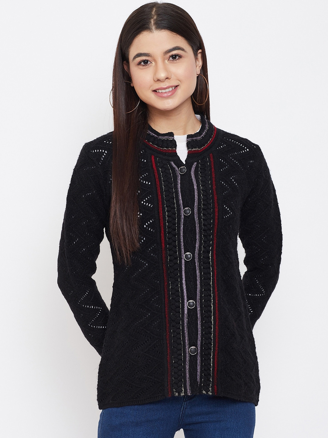 

Zigo Women Black Self Design Cardigan