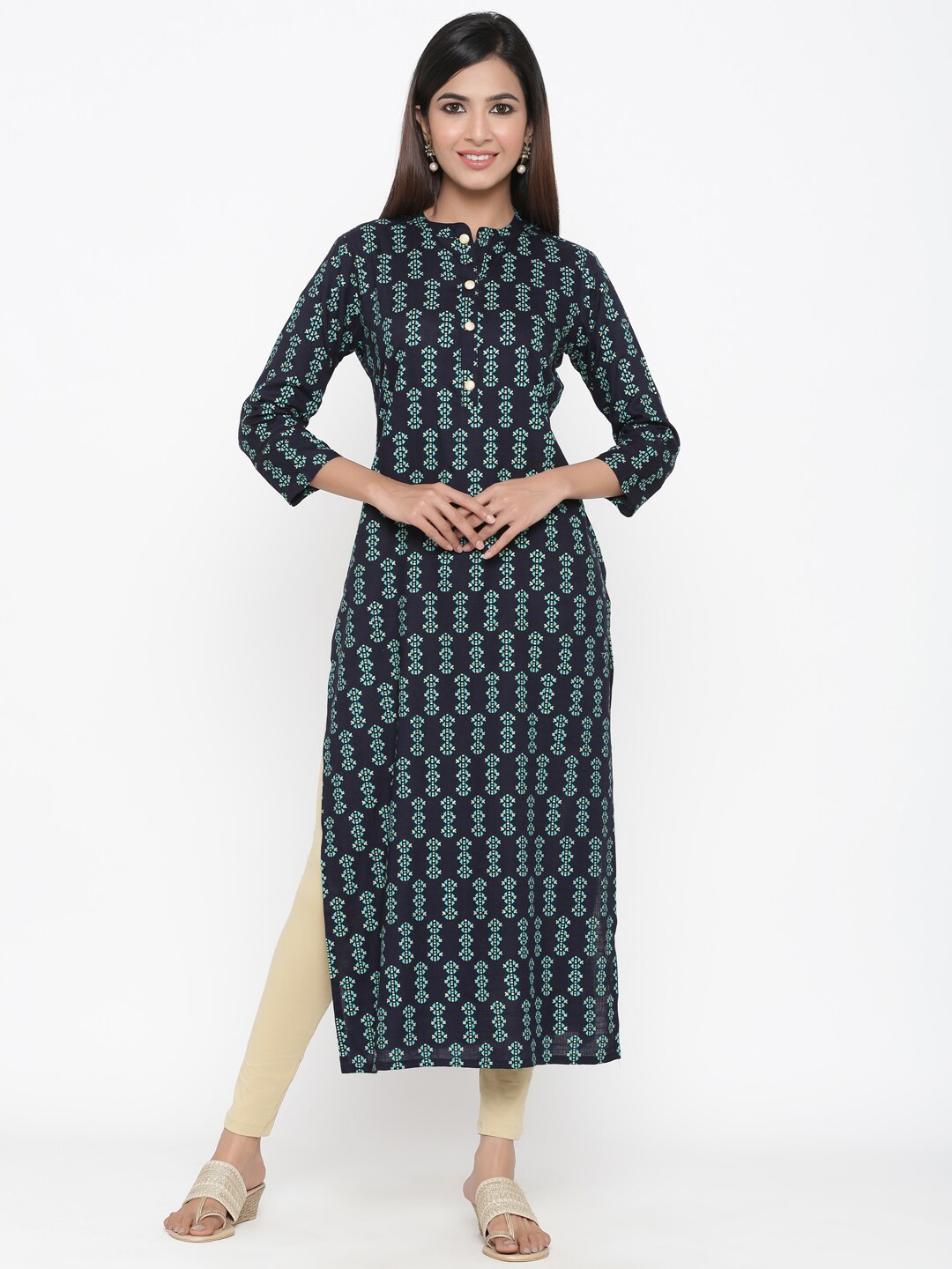

kipek Women Navy Blue Printed Straight Kurta