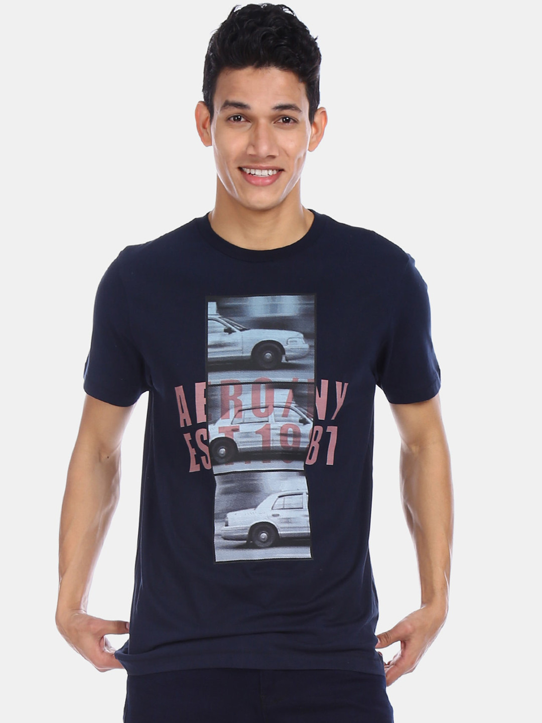 

Aeropostale Men Navy Blue Printed Round Neck Pure Cotton T-shirt