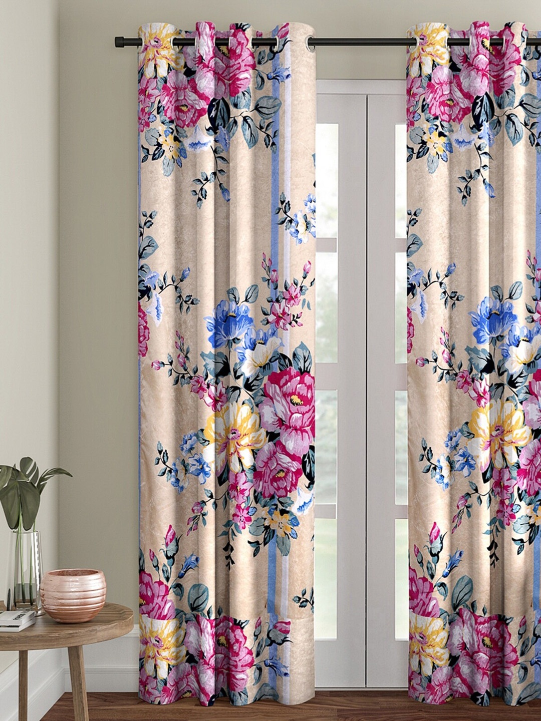 

ROMEE Beige & Pink Floral Printed Room Darkening Single Door Curtains