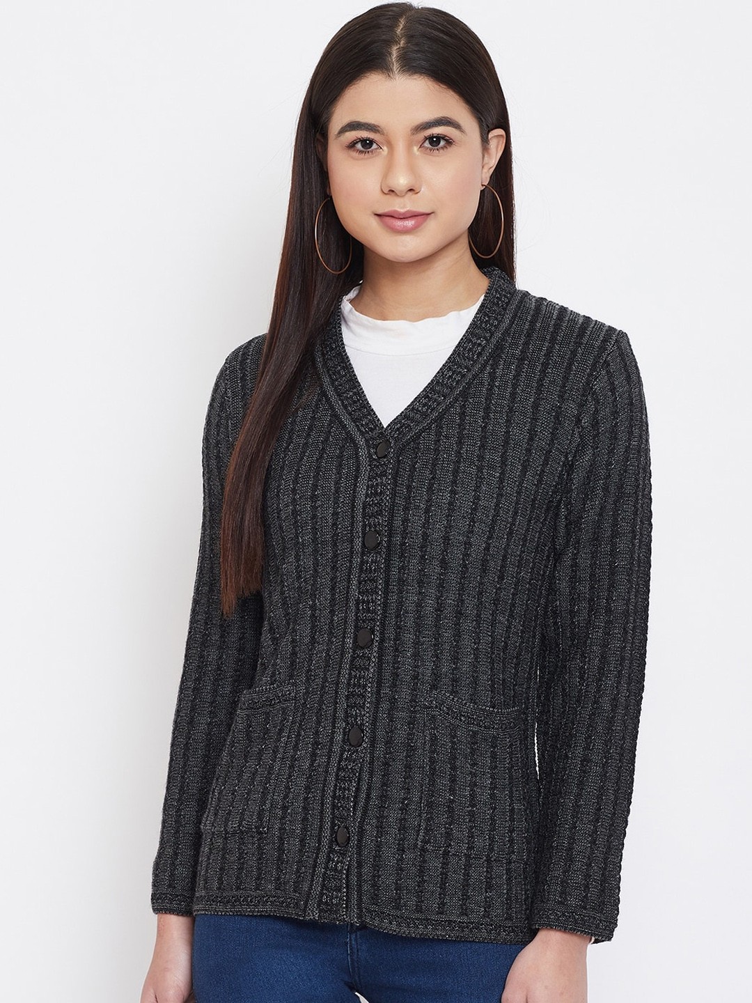 

Zigo Women Charcoal Grey Self Design Cardigan