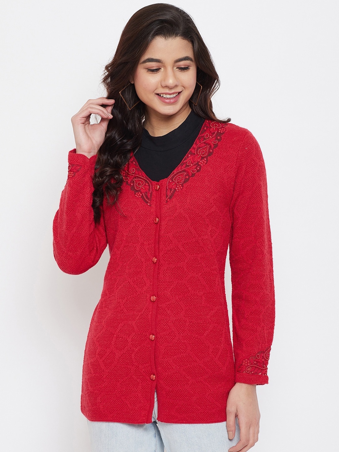 

Zigo Women Red Self Design Cardigan