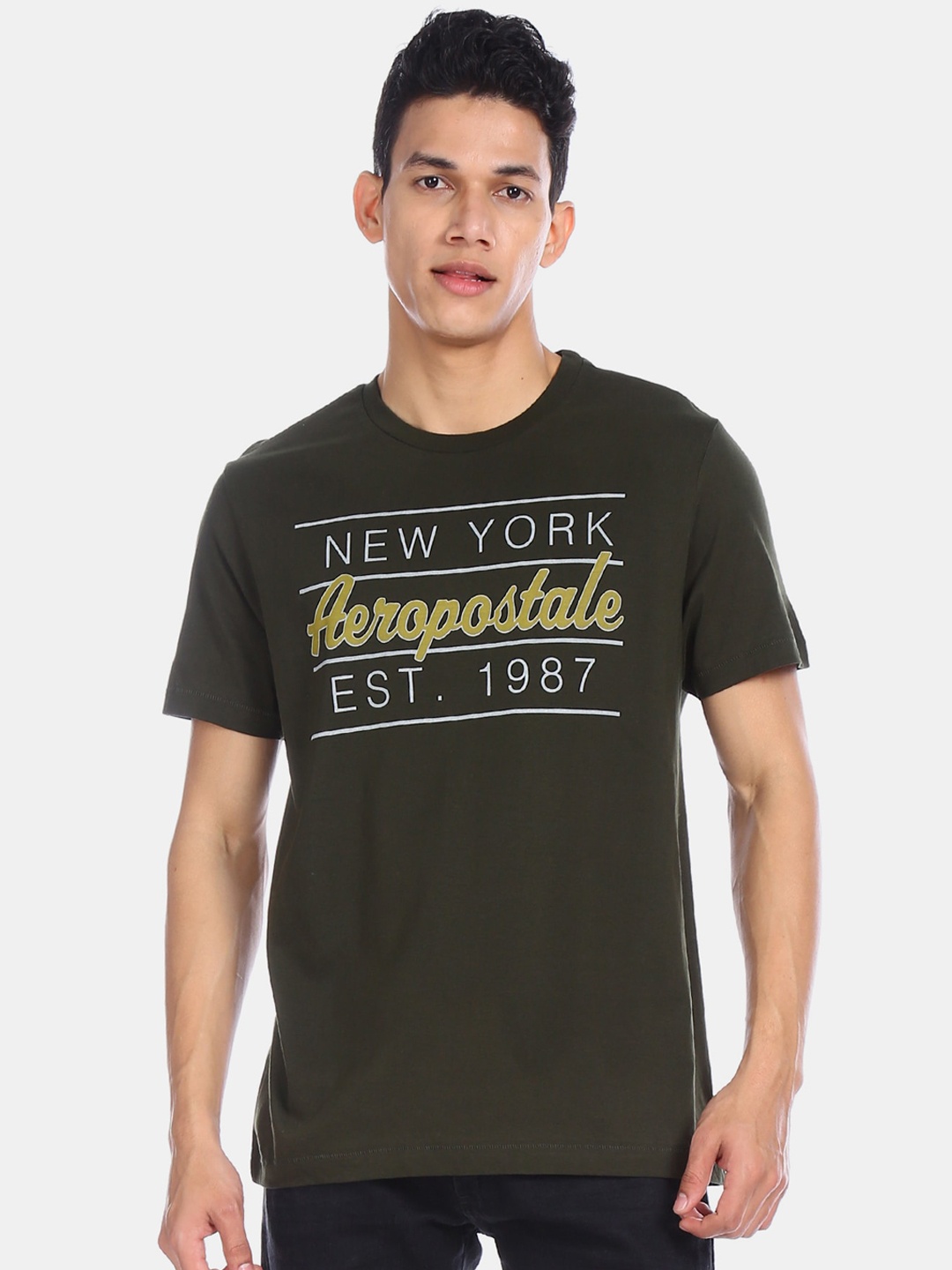 

Aeropostale Men Olive Green Printed Round Neck T-shirt