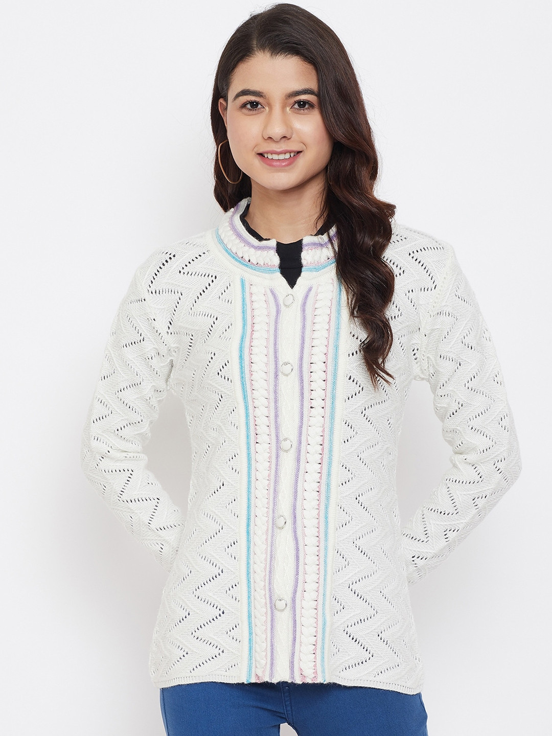 

Zigo Women White Self Design Cardigan