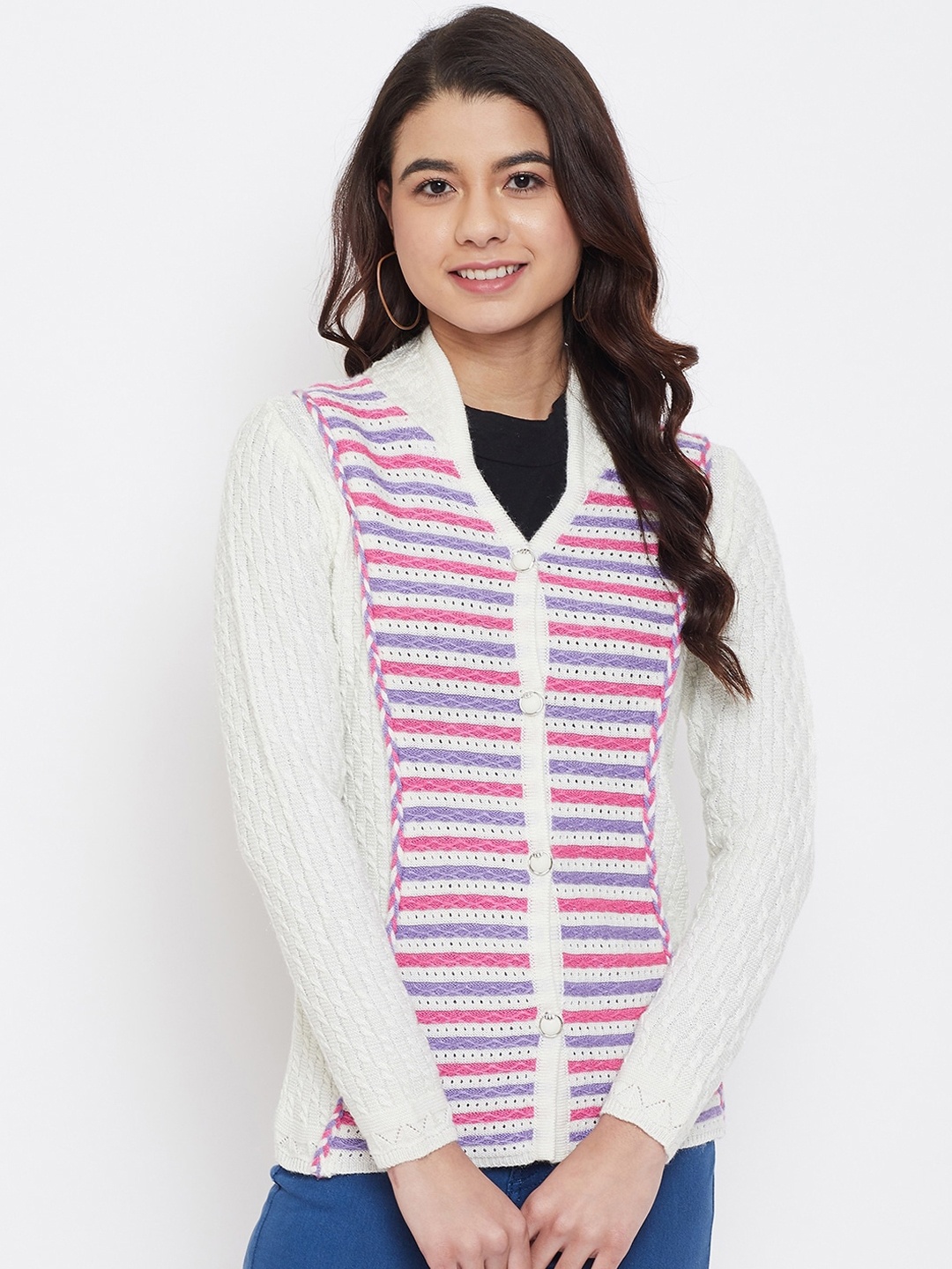 

Zigo Women White & Pink Self Design Cardigan