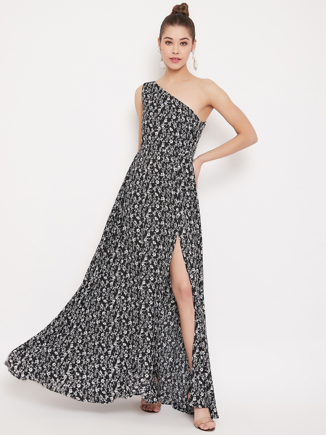 

Berrylush Women Black and White Floral Print One Shoulder Maxi Dress