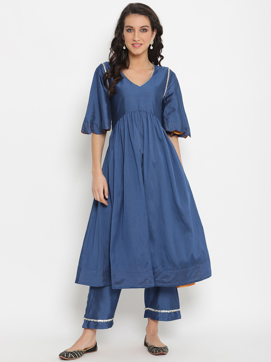 

Abhishti Gathered Gotta Patti Detail Empire Style Chanderi Anarkali Kurta with Trousers, Blue