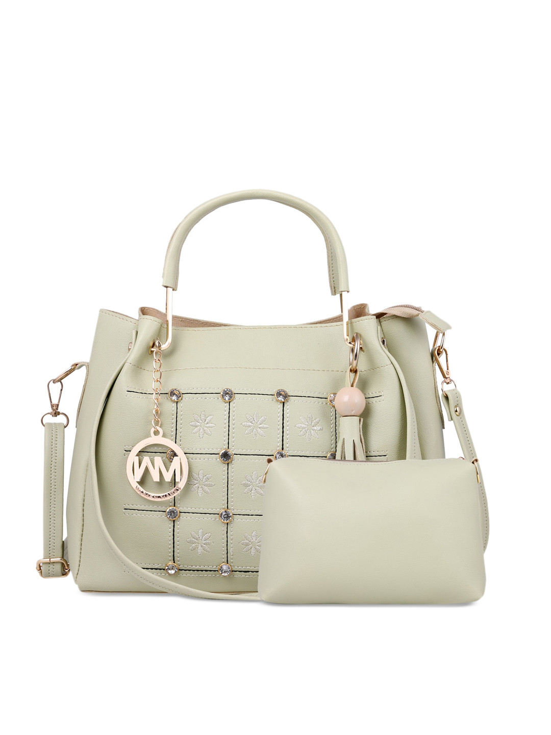 

WOMEN MARKS Green Solid Handheld Bag With Pouch