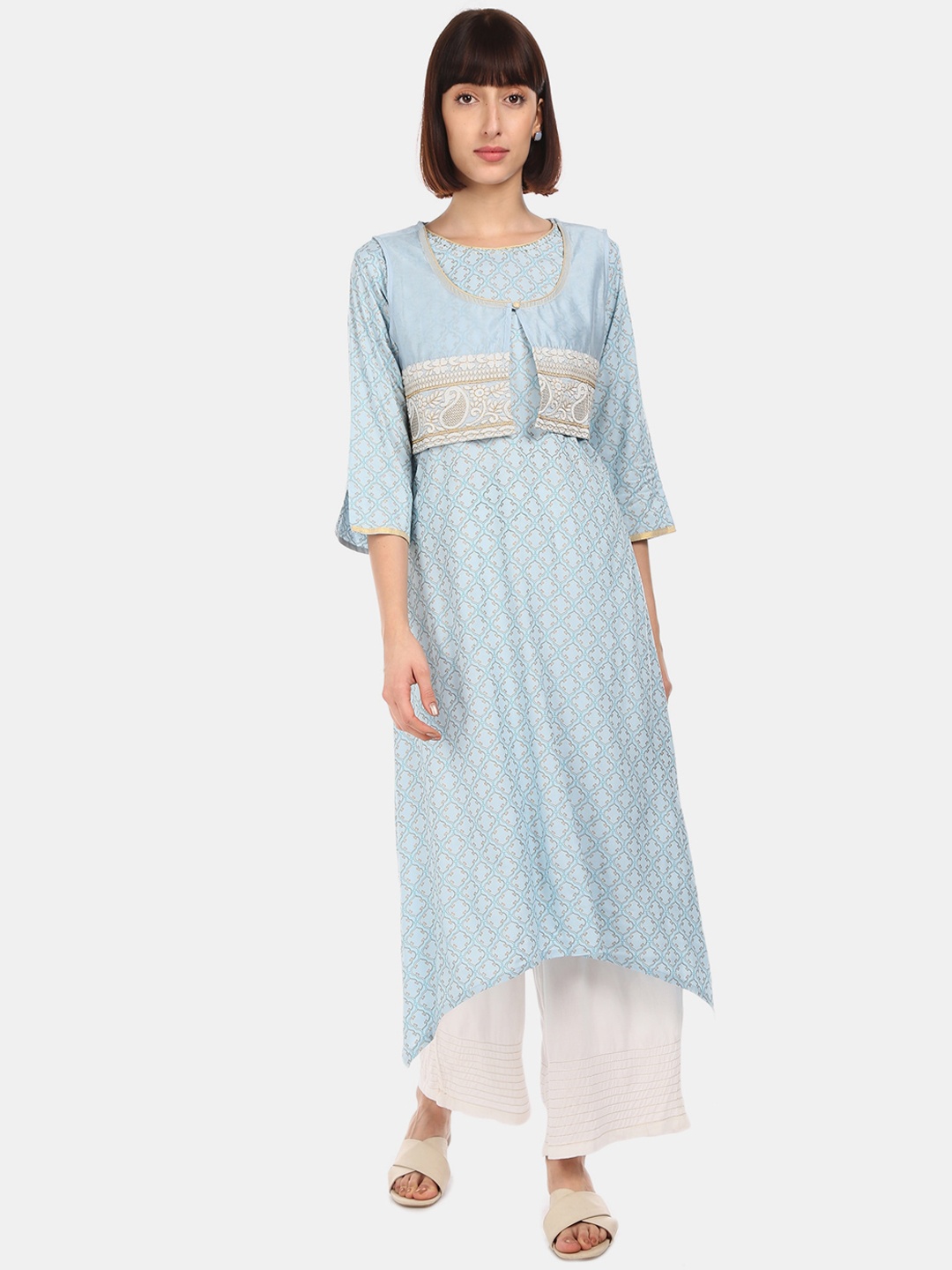 

Anahi Women Blue & White Printed A-Line Kurta with Embroidered Shrug