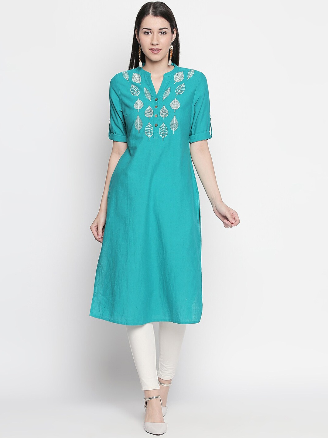 

RANGMANCH BY PANTALOONS Women Turquoise Blue Embroidered A-Line Kurta