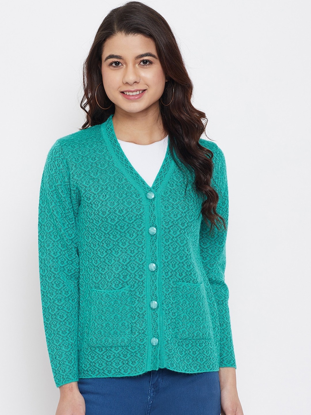 

Zigo Women Green Self Design Cardigan