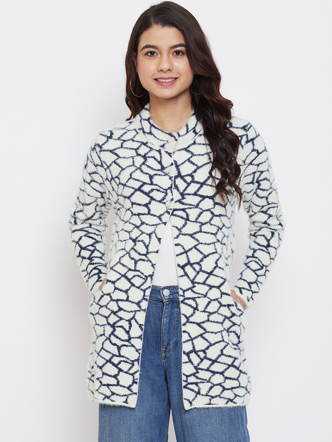 

Zigo Women White & Black Self Design Cardigan