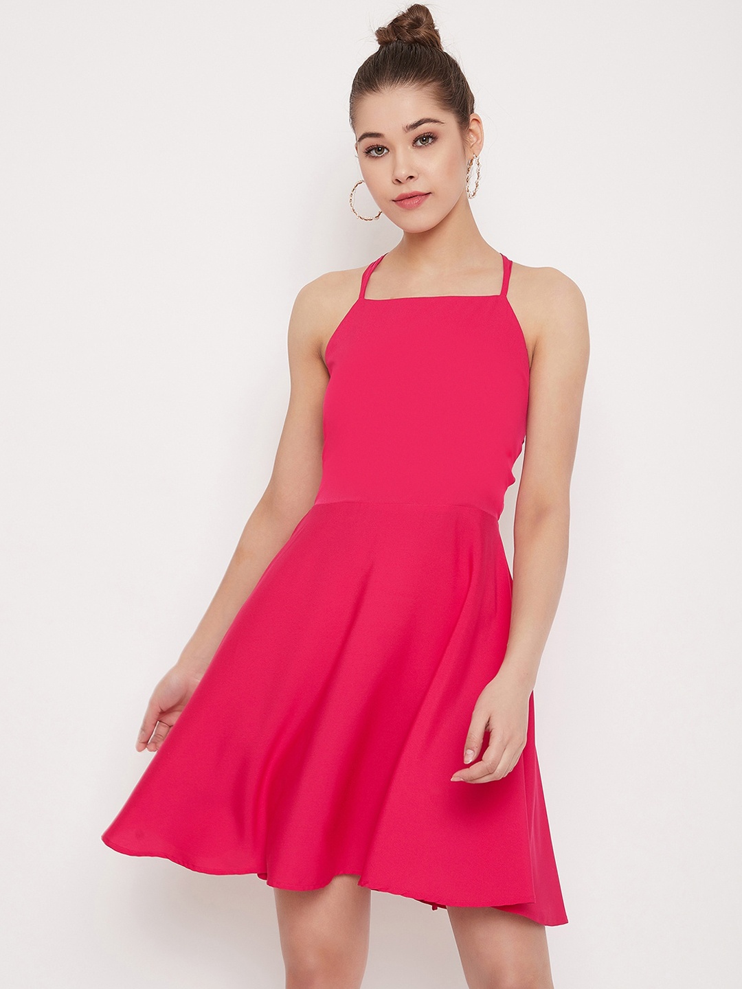 

Berrylush BASICS Women Pink Solid Fit and Flare Tied Back Dress
