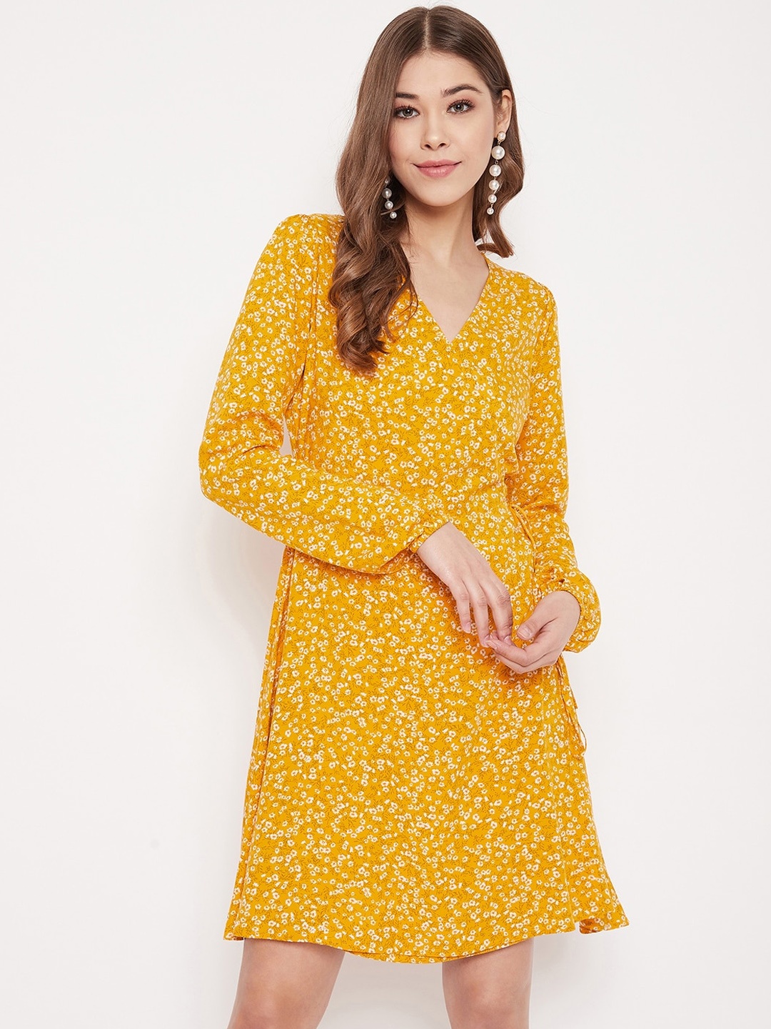 Berrylush Yellow & White Floral Printed Wrap Dress