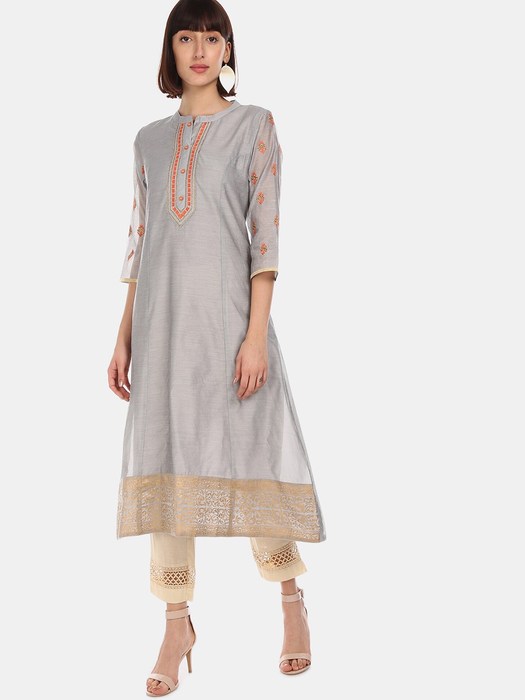 

Anahi Women Grey Embroidered A-Line Kurta