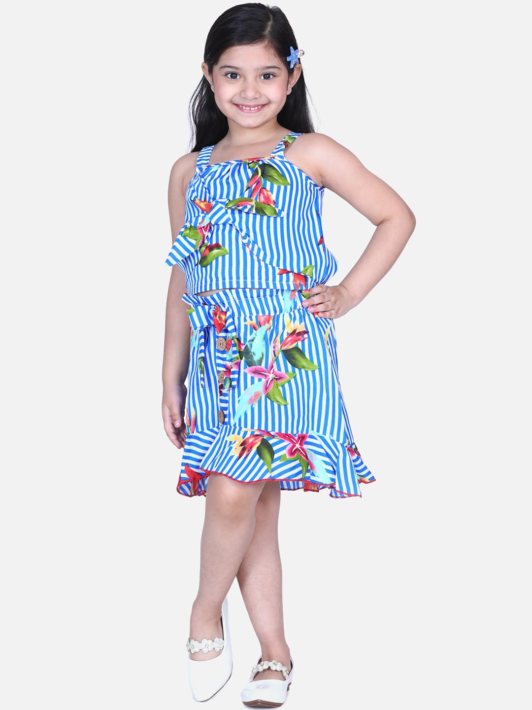 

Cutiekins Girls Blue & White Printed Top With Skirt