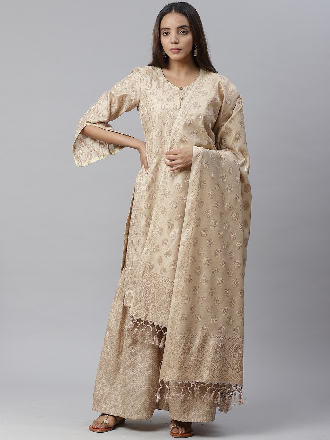 

Chhabra 555 Women Beige Woven Design Handloom Chanderi Kurta with Sharara & Dupatta