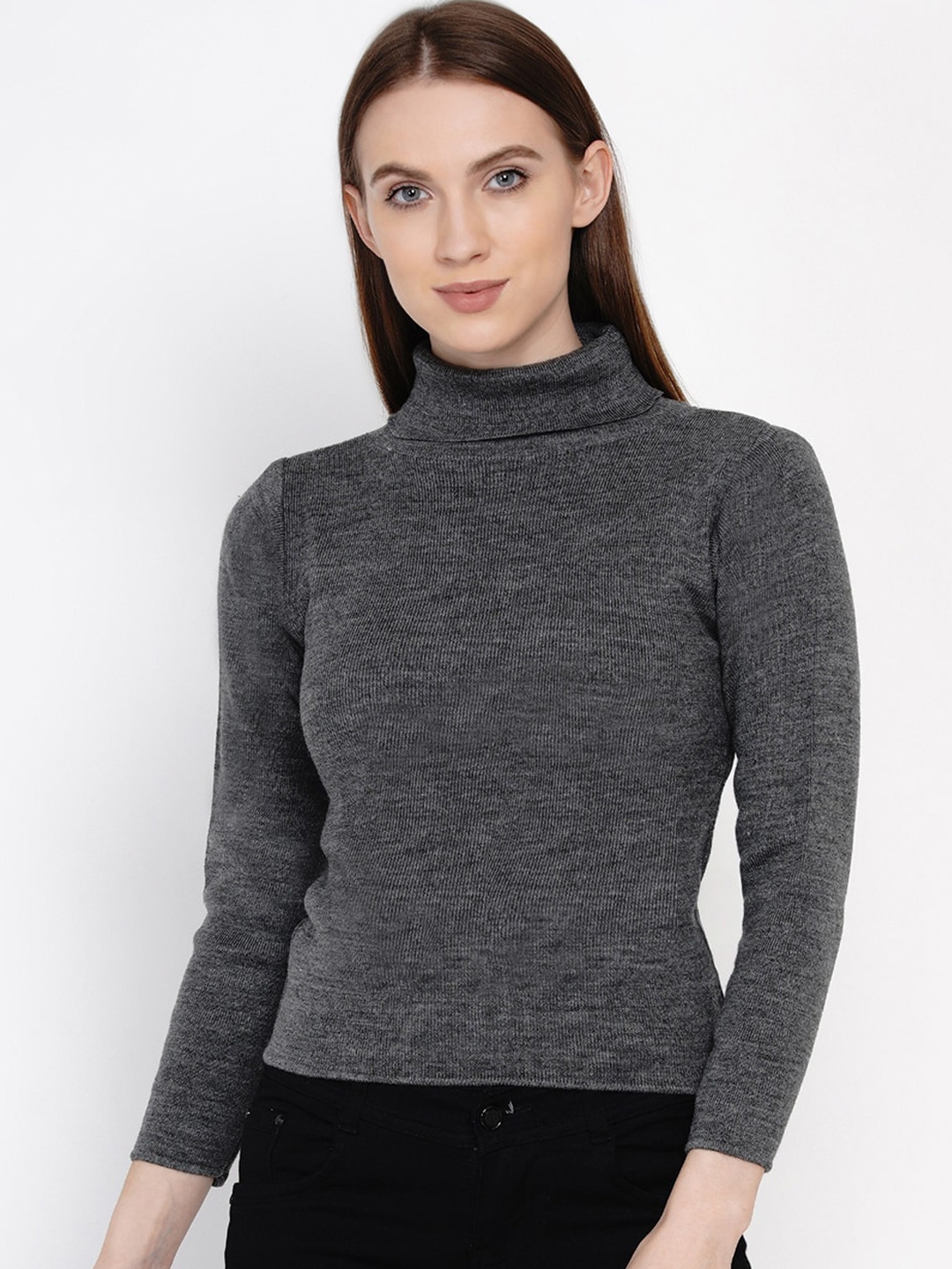 

FABNEST Women Acrylic Grey Solid Fitted Top