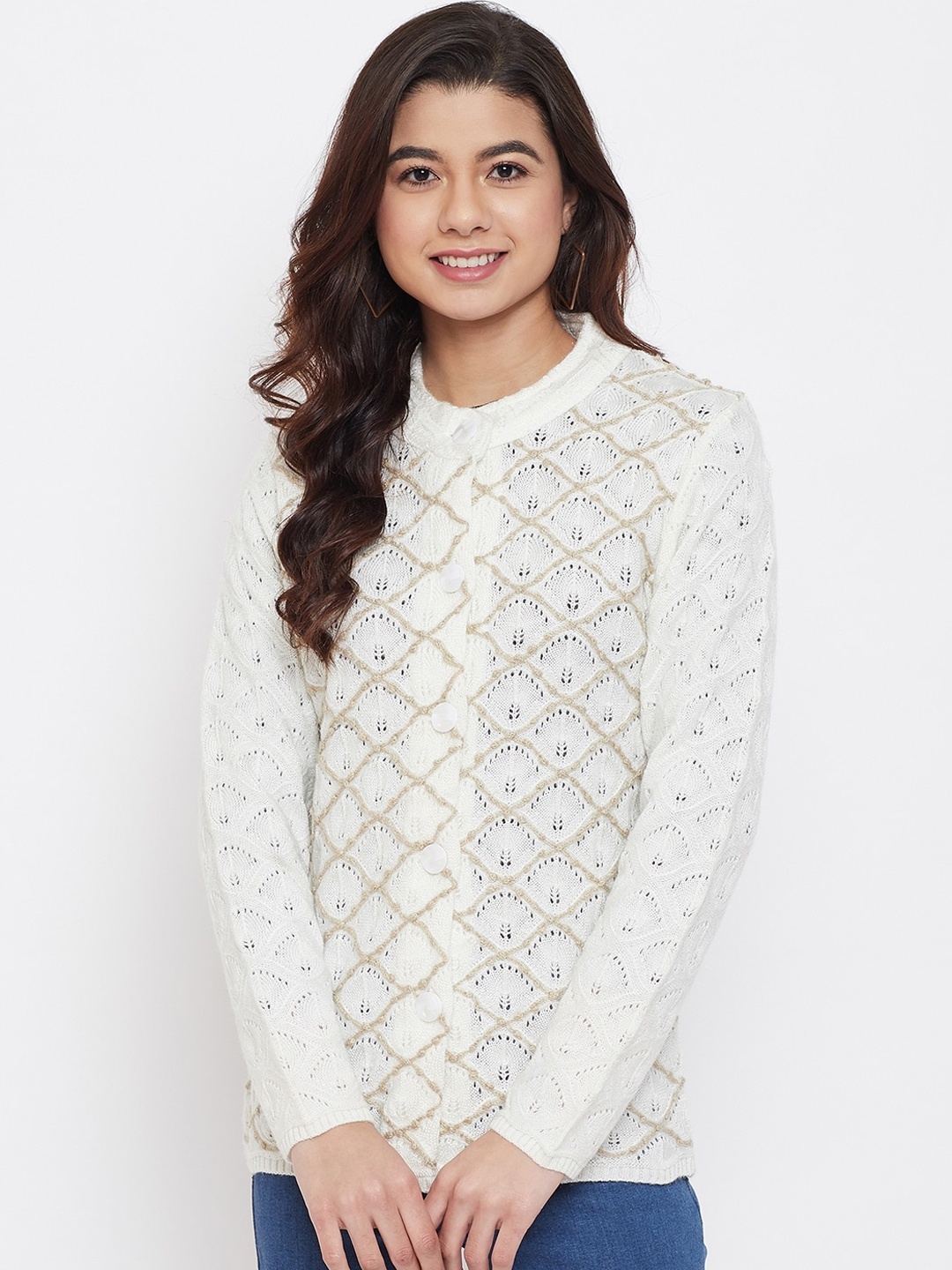 

Zigo Women White & Beige Self-Design Cardigan Sweater