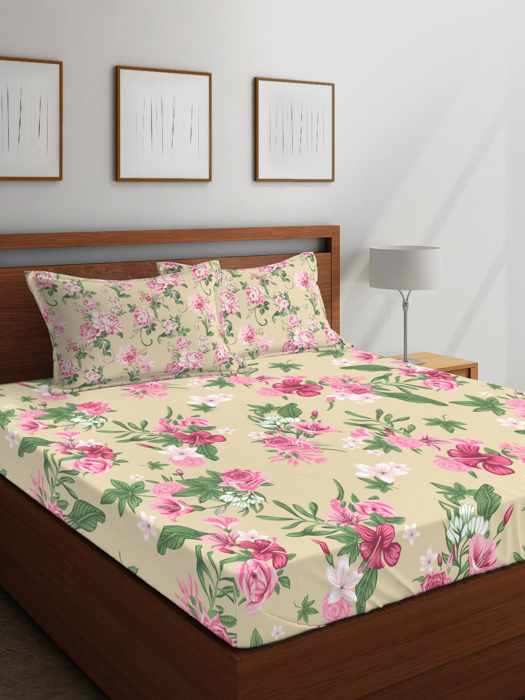 

Layers Yellow & Pink Floral Tuscany Printed 104 TC Cotton Double Queen Bedsheet With 2 Pillow Covers
