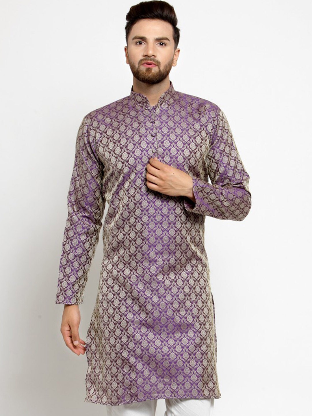 

Jompers Men Purple Printed Straight Kurta