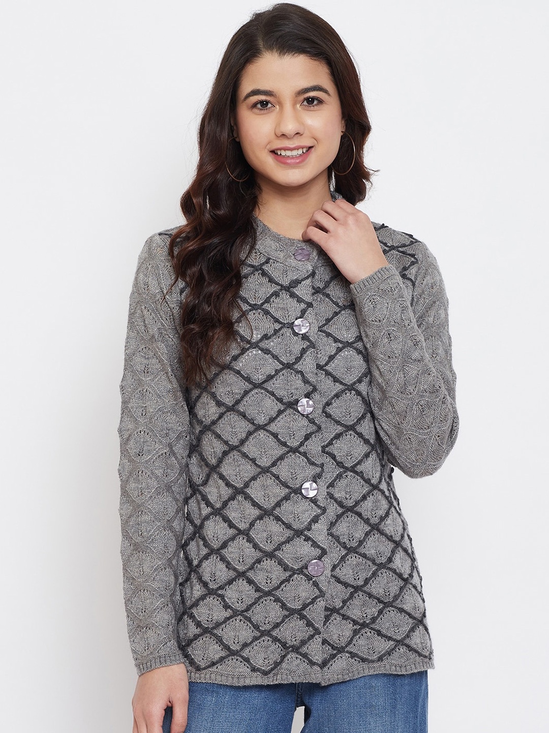 

Zigo Women Grey & Black Self Design Cardigan
