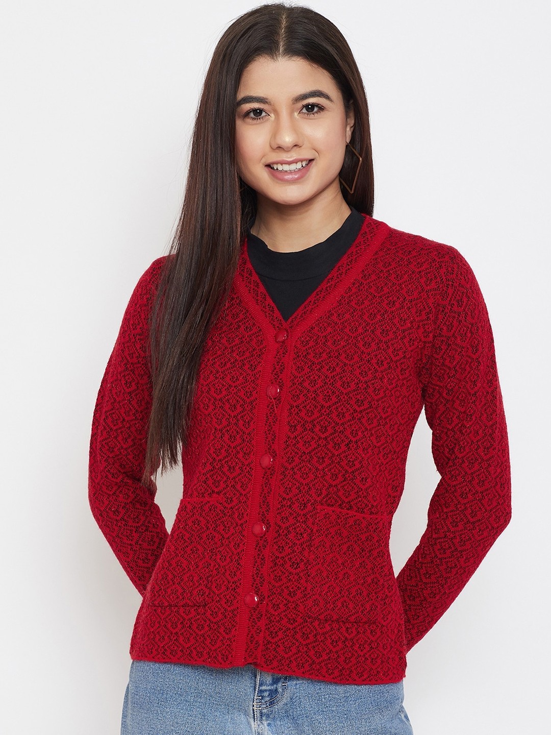 

Zigo Women Red & Black Self Design Cardigan