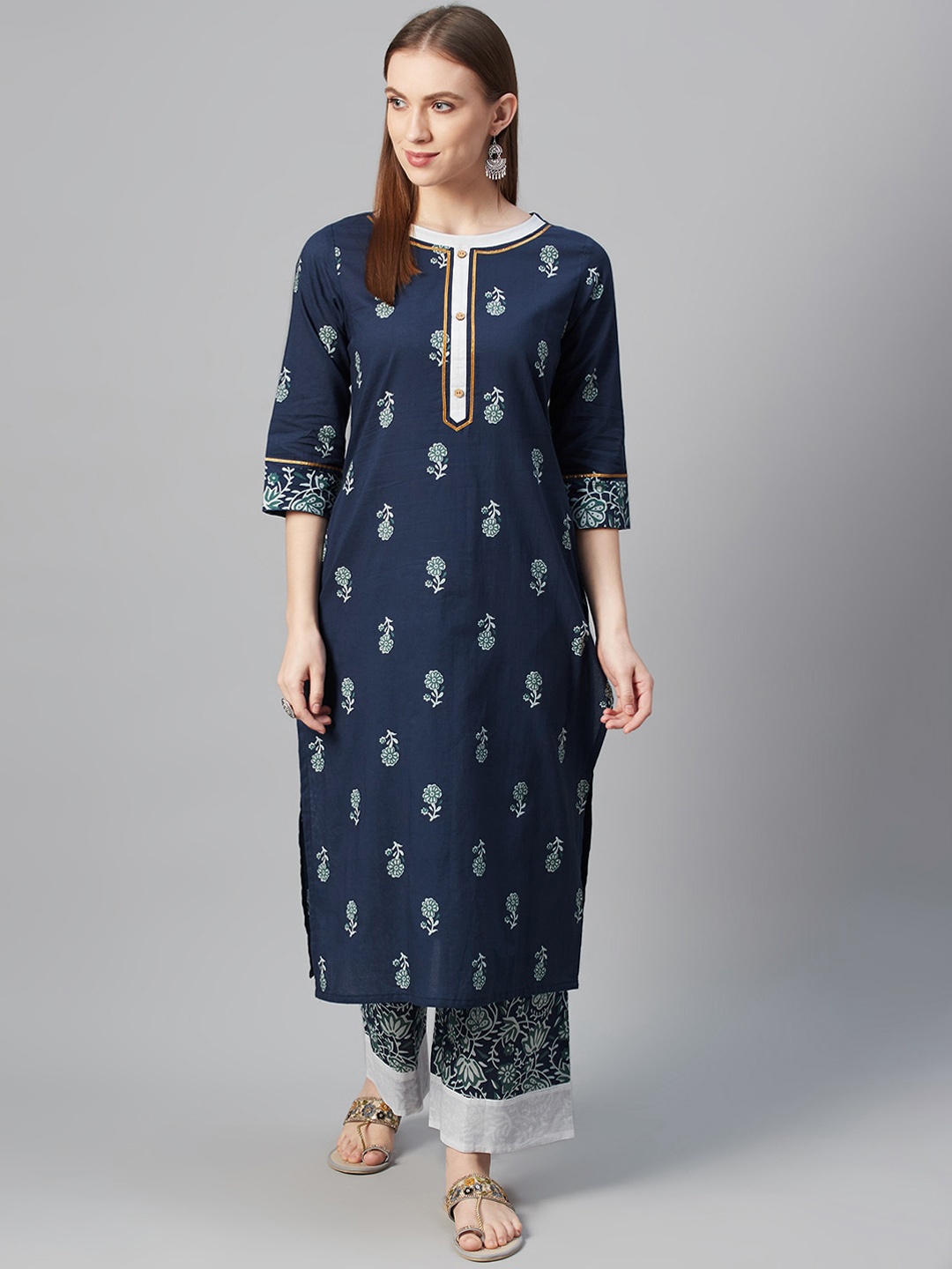 

ZIYAA Women Navy Blue Yoke Design Straight Kurta