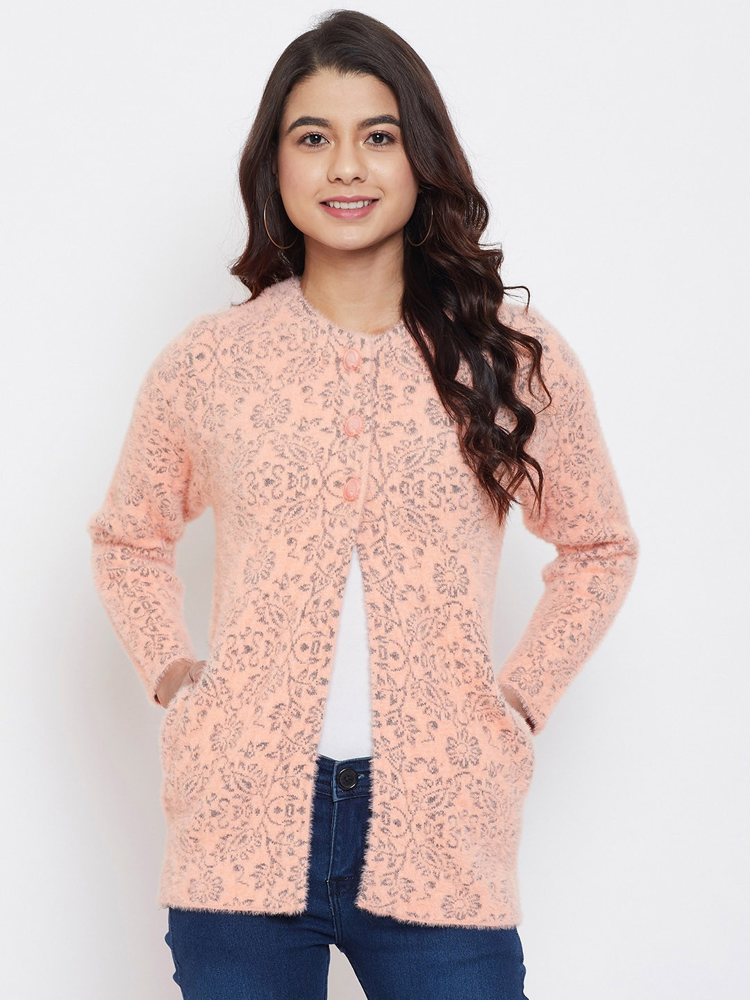 

Zigo Women Pink & Grey Self Design Cardigan