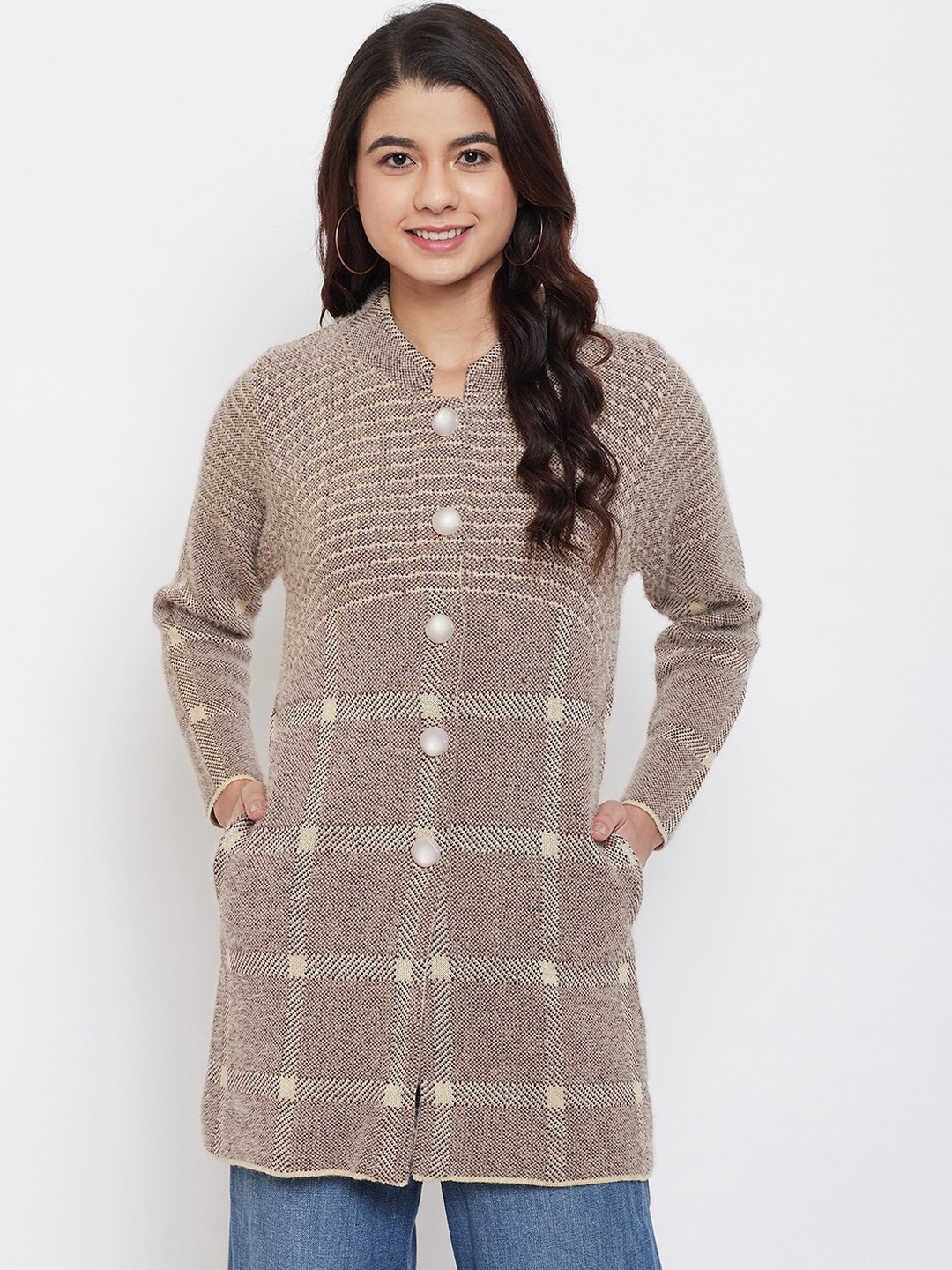 

Zigo Women Beige Self-Design Cardigan Sweater