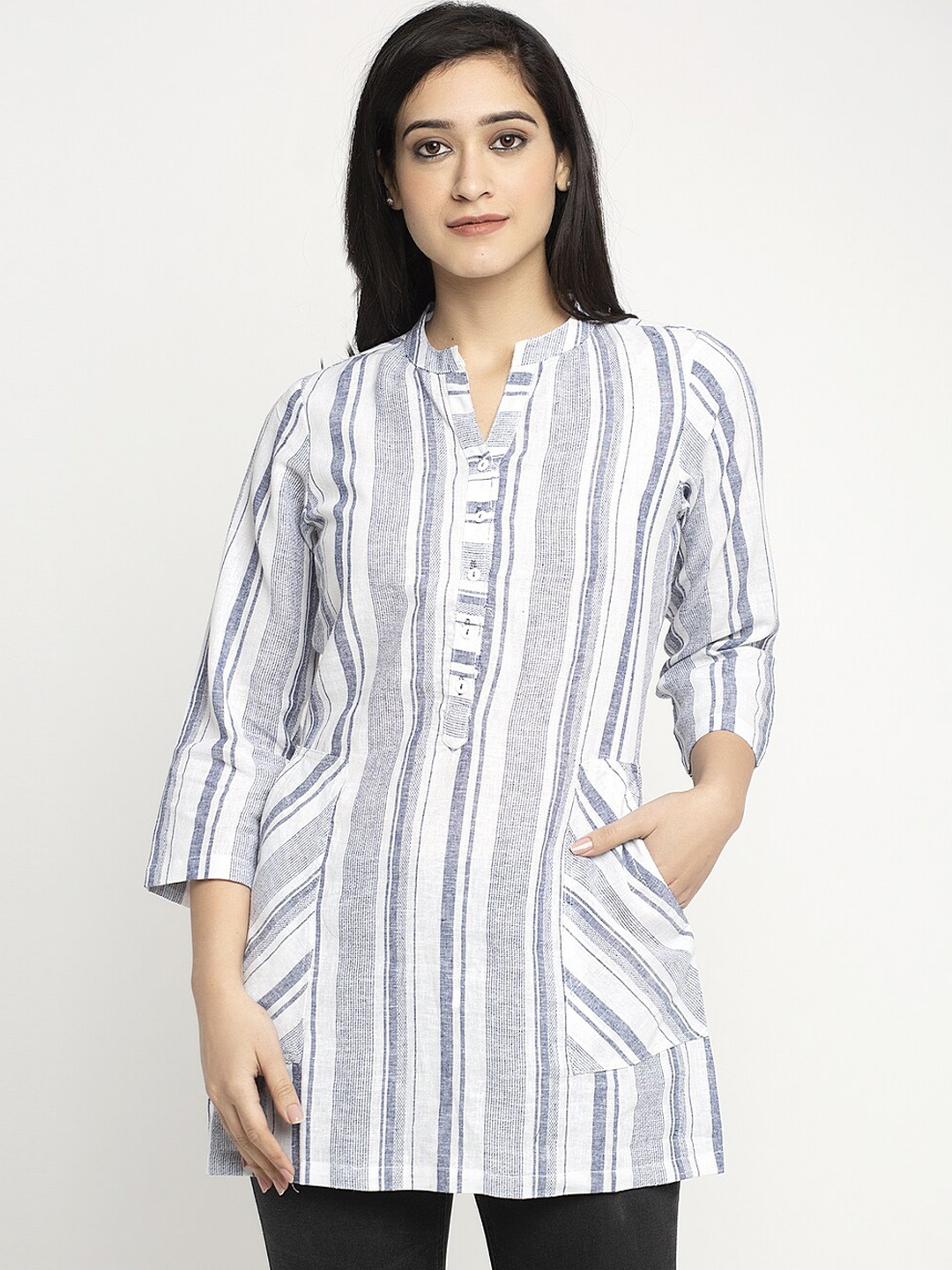 

Ayaany Women White Striped Shirt Style Pure Cotton Top