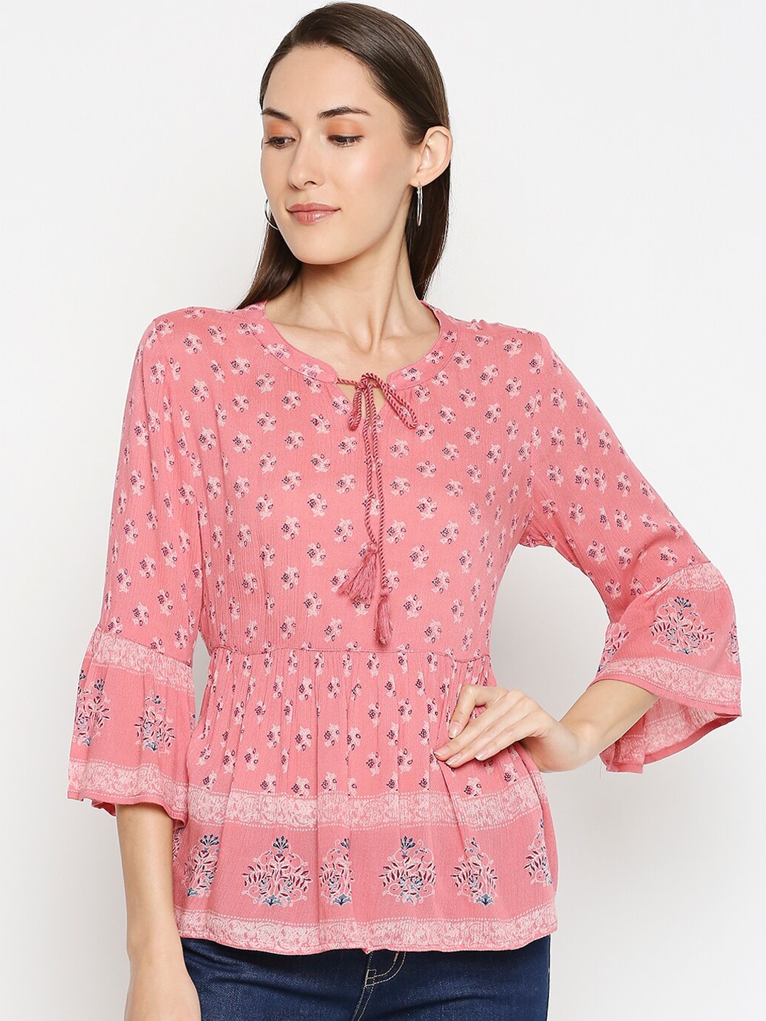 People Women Pink Printed Cinched Waist Top