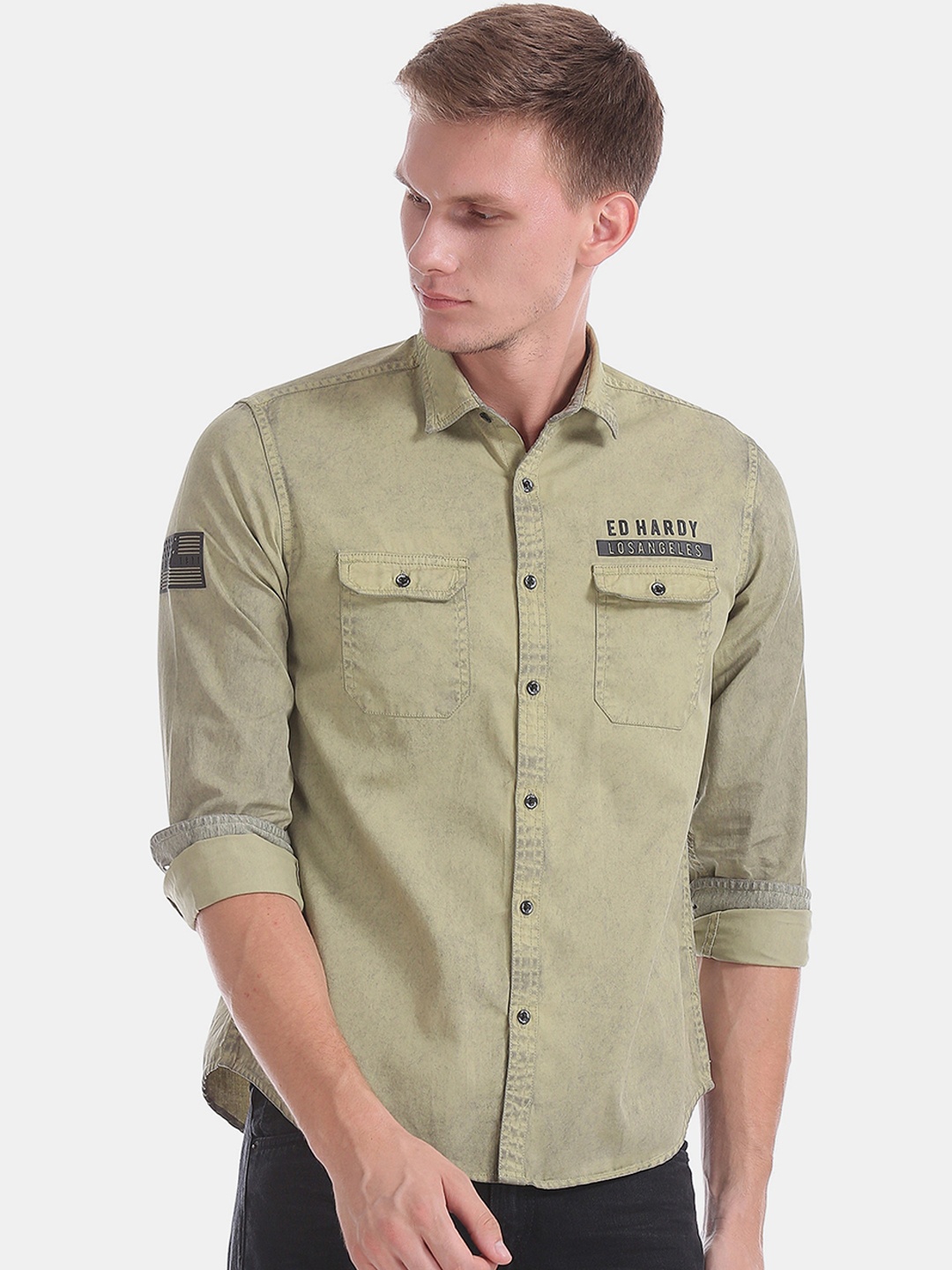 

Ed Hardy Men Olive Green Slim Fit Solid Casual Shirt