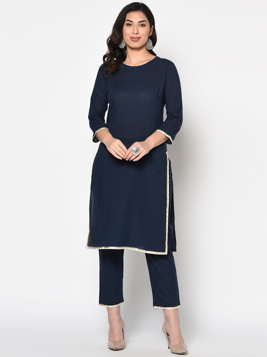 

FABNEST Women Navy Blue Solid Cotton Kurta with Trousers
