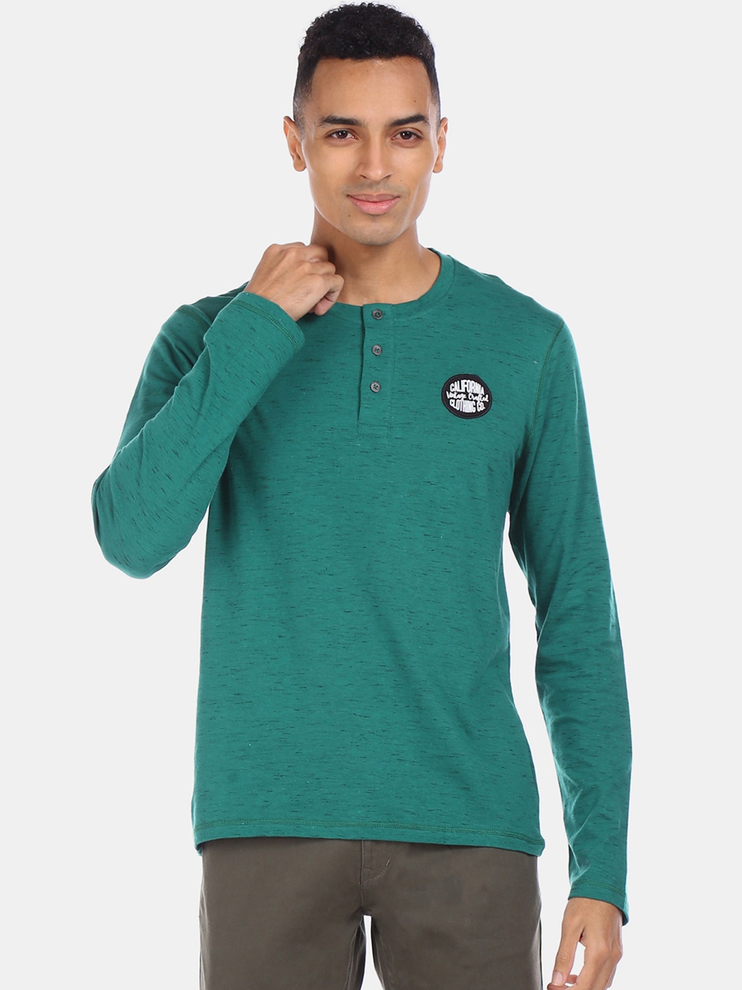 

Cherokee Men Teal Solid Henley Neck Cotton T-shirt