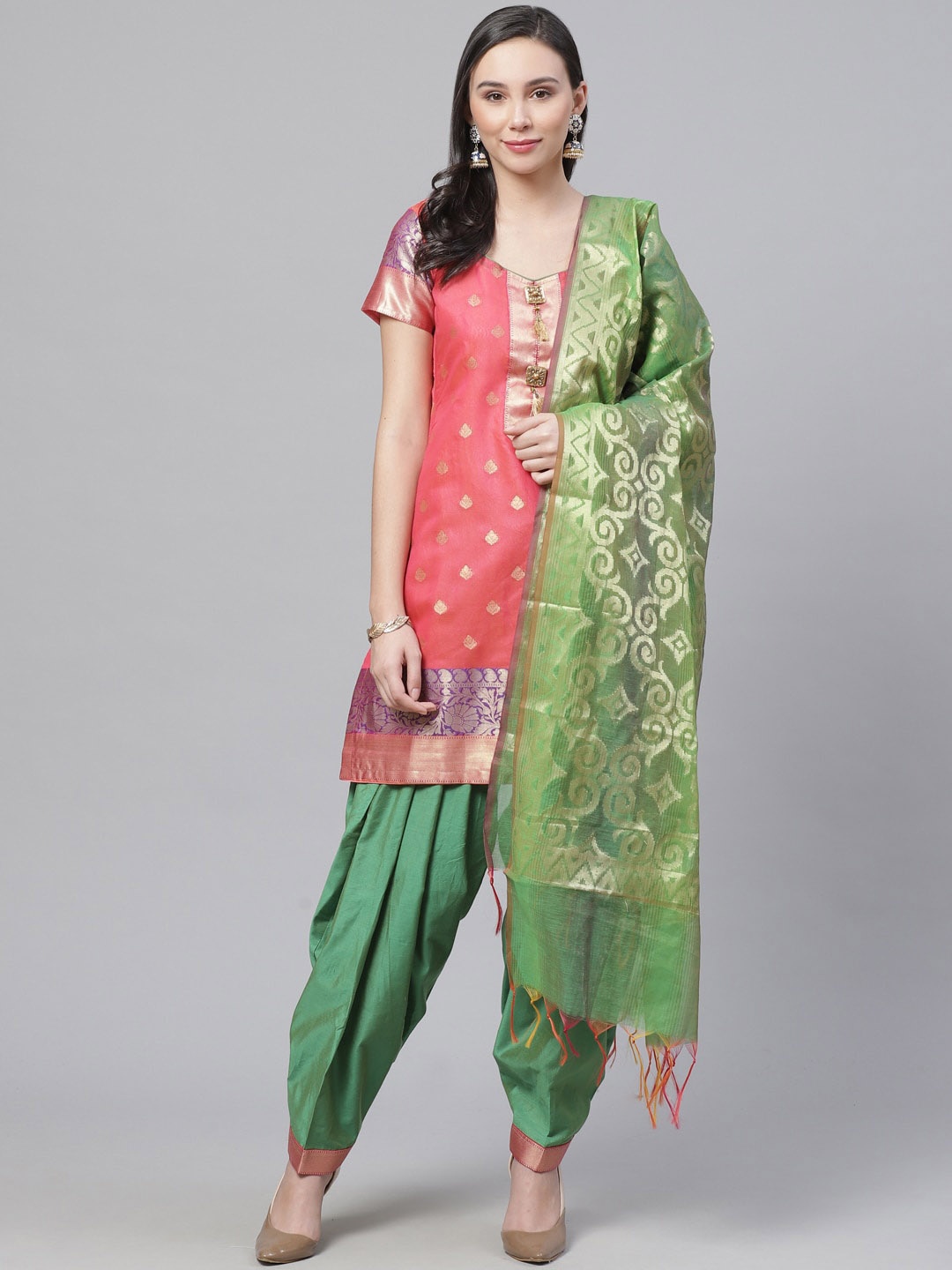 

Chhabra 555 Women Pink Woven Design Handloom Chanderi Kurta with Patiala & Dupatta