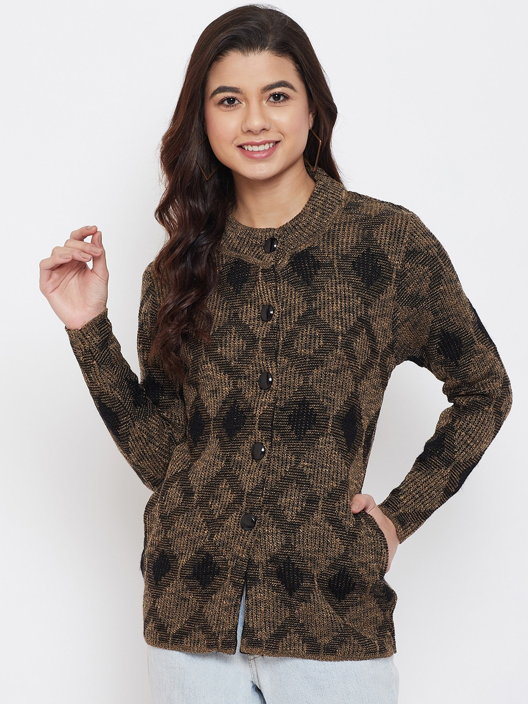 

Zigo Women Brown Self Design Cardigan