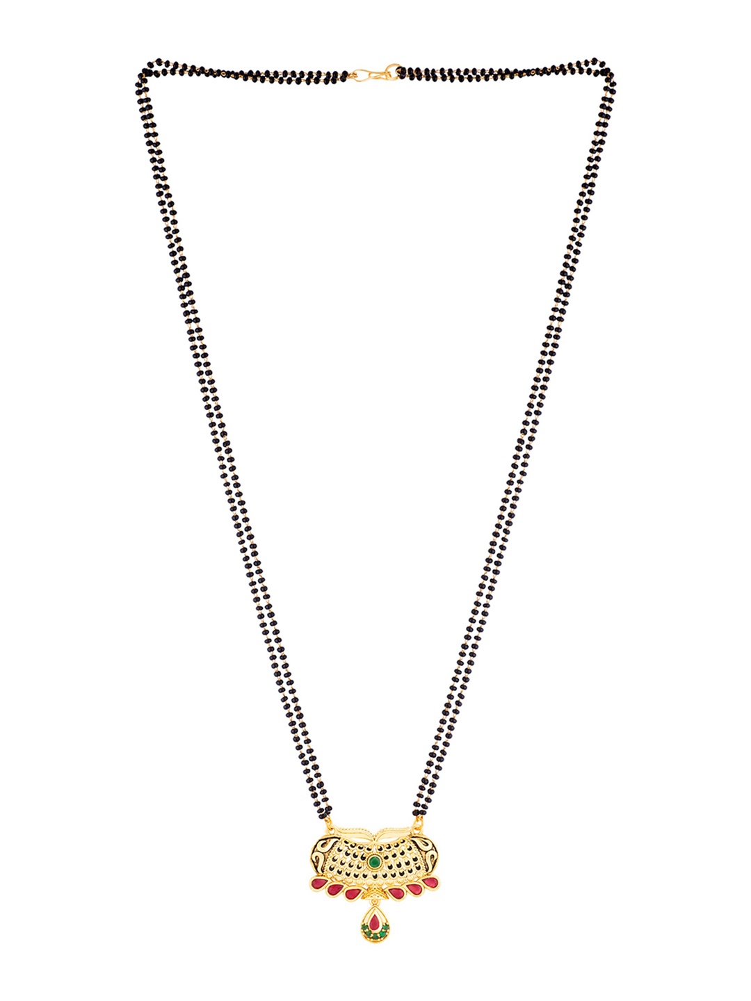 

Voylla Gold Plated Black Beaded Pink & Green CZ Stone Studded Mangalsutra
