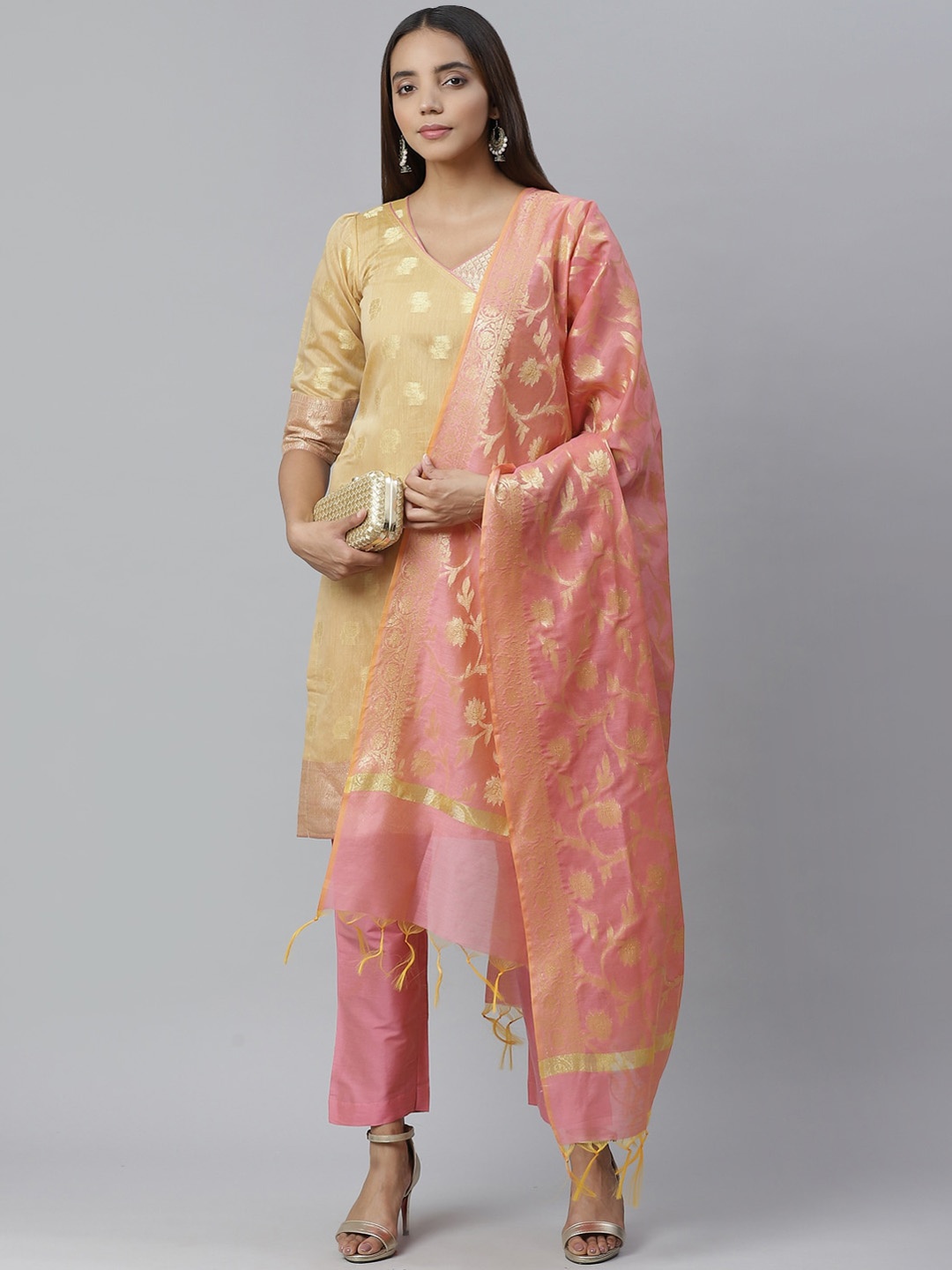 

Chhabra 555 Women Beige & Pink Woven Design Kurti with Trousers & Dupatta
