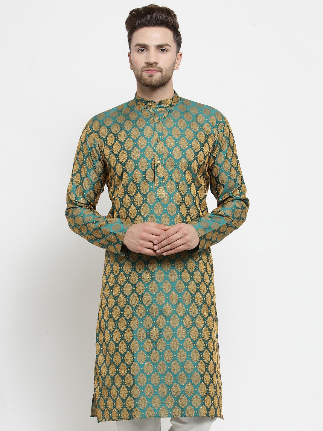 Jompers Men Green & Gold-Coloured Printed Straight Kurta