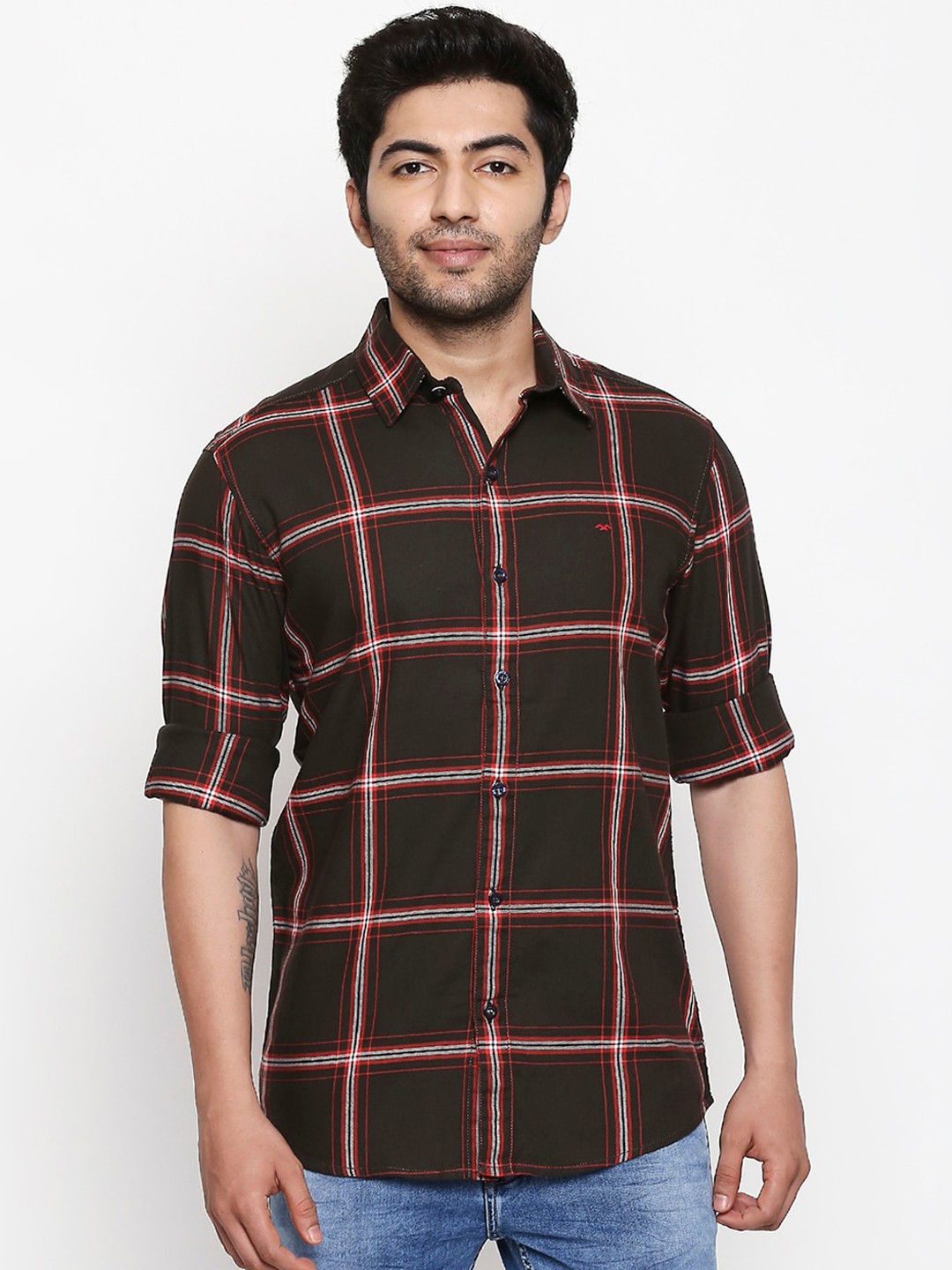 

Mufti Men Olive Green & Red Slim Fit Checked Cotton Casual Shirt