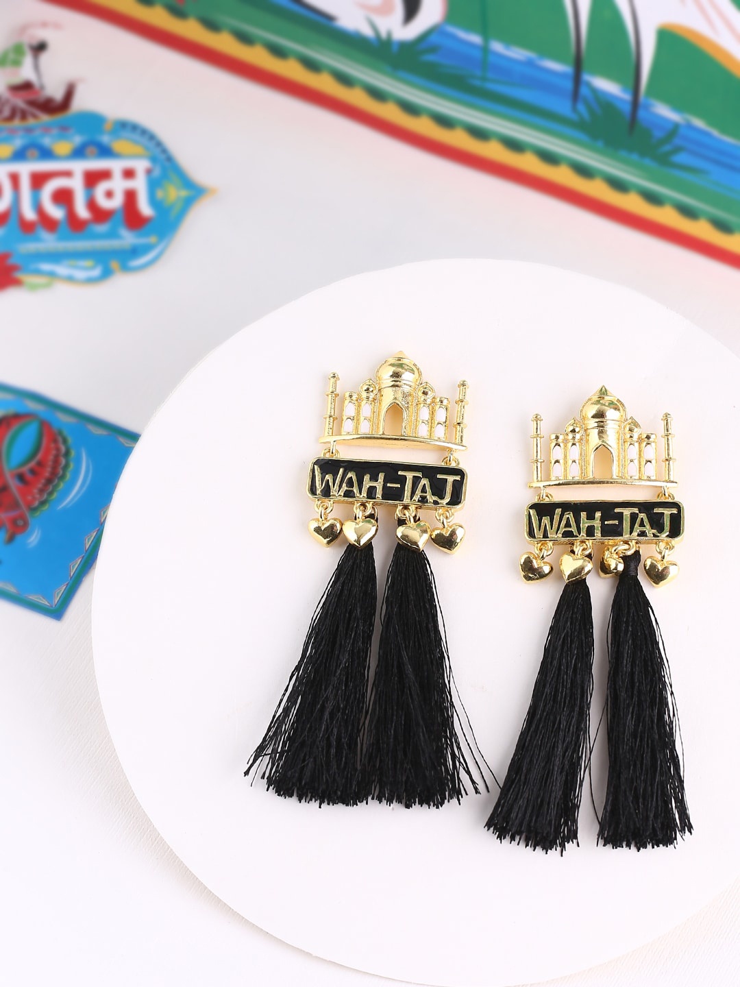

Voylla Black Gold-Plated Contemporary Drop Earrings