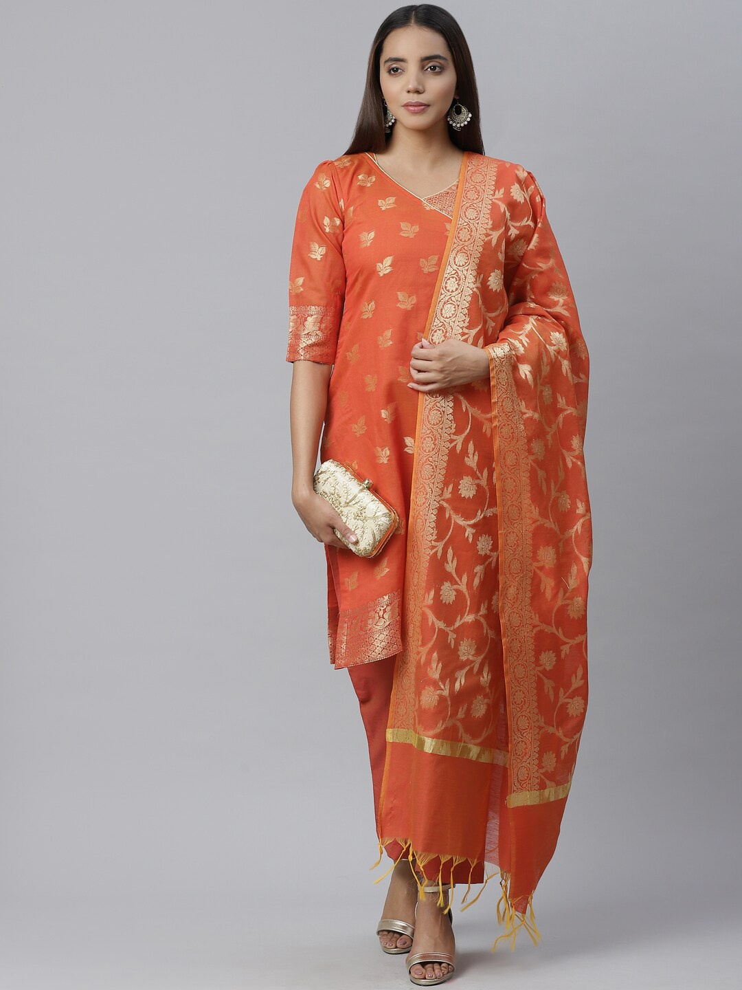 

Chhabra 555 Women Orange Woven Design Kurta with Trousers & Dupatta