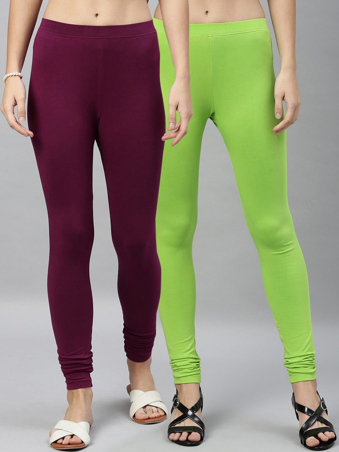 

Kryptic Women Pack Of 2 Solid Churidar-Length Leggings, Lime green